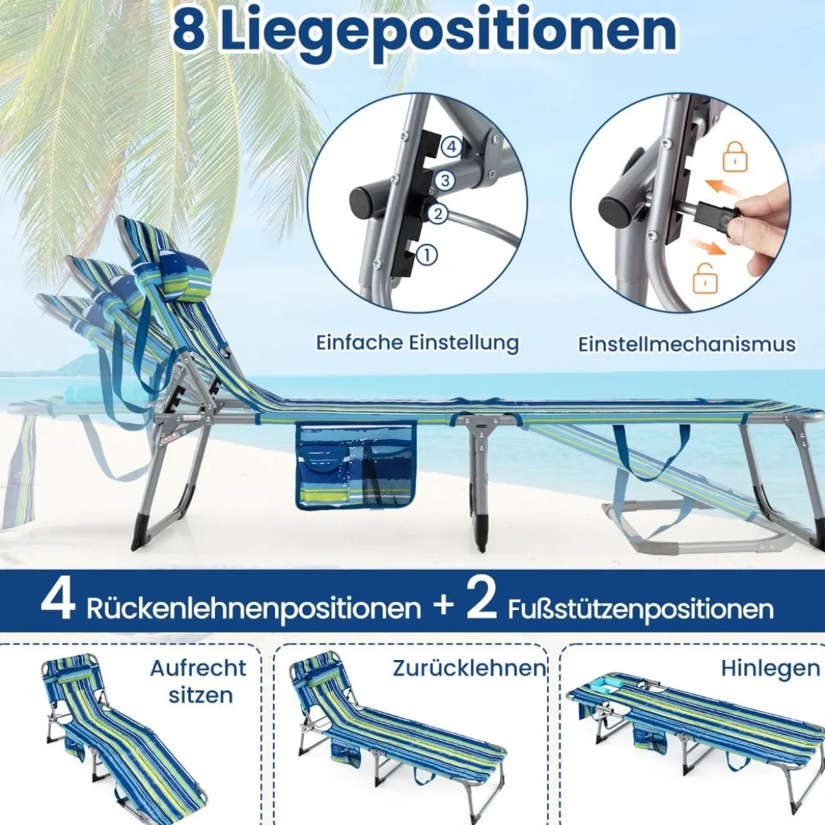 Klappbare Sonnenliege mit Loch für Kopf & Arme Gartenliege mit Verstellbarer Rückenlehne Blau Gestreift