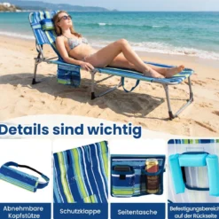 Klappbare Sonnenliege mit Loch für Kopf & Arme Gartenliege mit Verstellbarer Rückenlehne Blau Gestreift