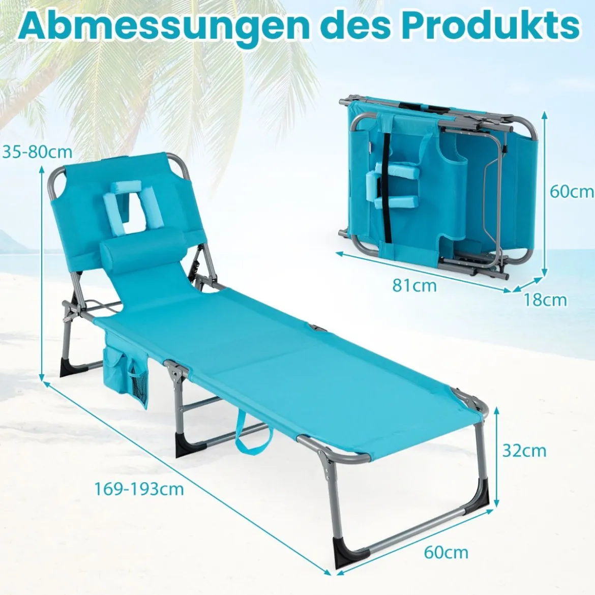 Klappbare Sonnenliege mit Loch für Kopf & Arme Gartenliege mit Verstellbarer Rückenlehne Türkis