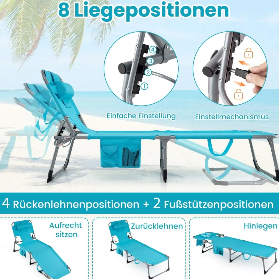 Klappbare Sonnenliege mit Loch für Kopf & Arme Gartenliege mit Verstellbarer Rückenlehne Türkis