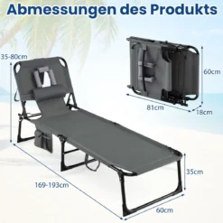 Klappbare Sonnenliege mit Loch für Kopf & Arme Gartenliege mit Verstellbarer Rückenlehne Grau