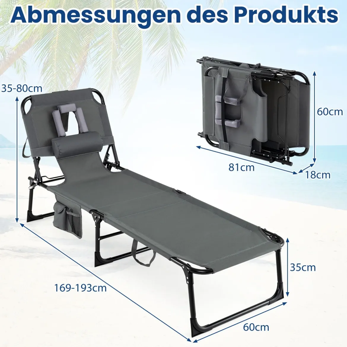 Klappbare Sonnenliege mit Loch für Kopf & Arme Gartenliege mit Verstellbarer Rückenlehne Grau