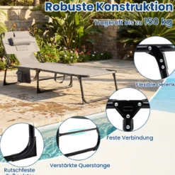 Klappbare Sonnenliege mit Loch für Kopf & Arme Gartenliege mit Verstellbarer Rückenlehne Grau