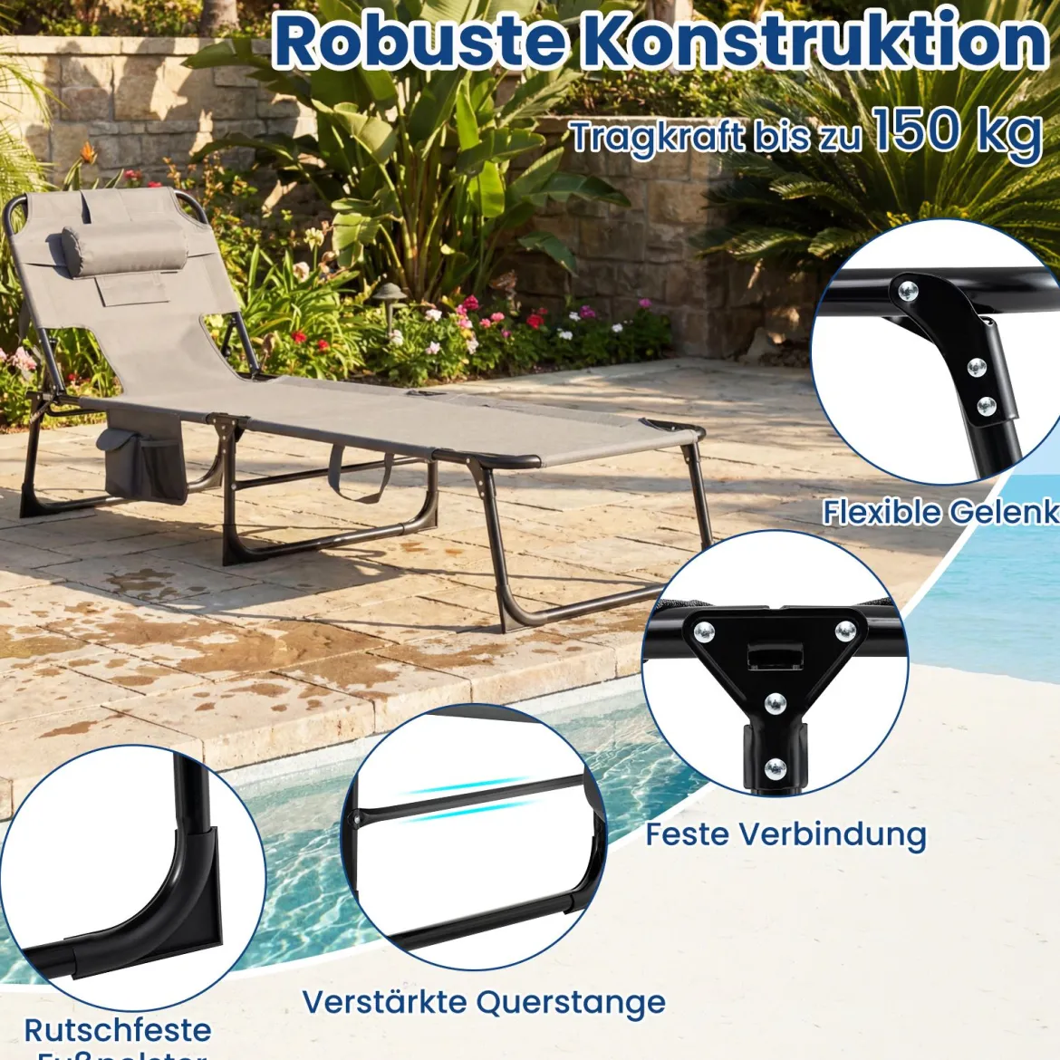 Klappbare Sonnenliege mit Loch für Kopf & Arme Gartenliege mit Verstellbarer Rückenlehne Grau