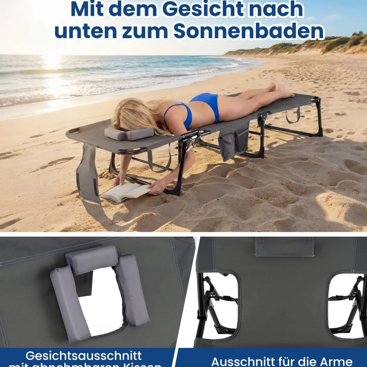 Klappbare Sonnenliege mit Loch für Kopf & Arme Gartenliege mit Verstellbarer Rückenlehne Grau