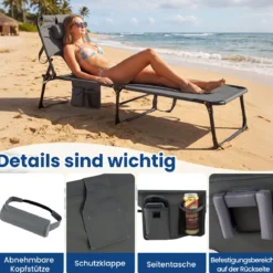 Klappbare Sonnenliege mit Loch für Kopf & Arme Gartenliege mit Verstellbarer Rückenlehne Grau