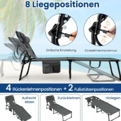 Klappbare Sonnenliege mit Loch für Kopf & Arme Gartenliege mit Verstellbarer Rückenlehne Grau