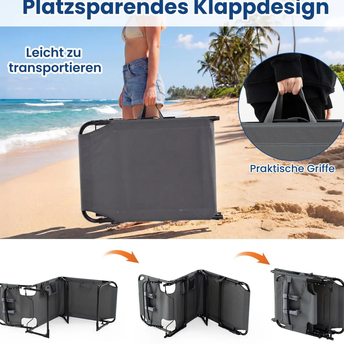 Klappbare Sonnenliege mit Loch für Kopf & Arme Gartenliege mit Verstellbarer Rückenlehne Grau