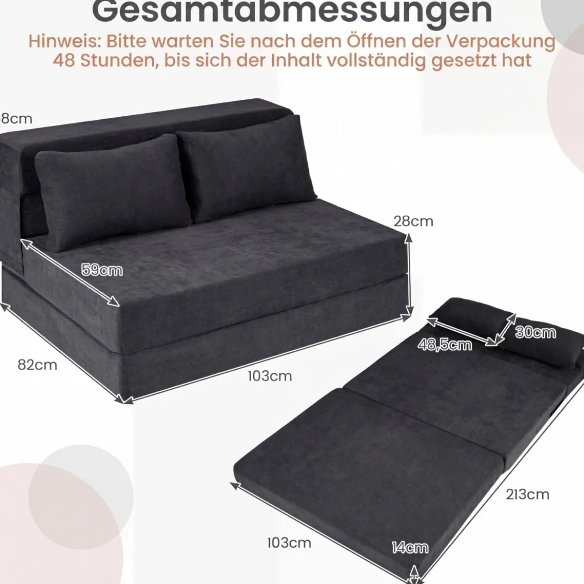 Klappbares Schlafsofa 3 In 1 Chenille 2 Kissen für Wohnzimmer Schlafzimmer Home Office Grau