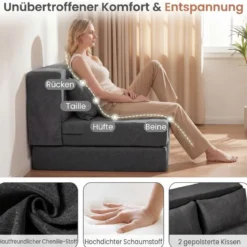 Klappbares Schlafsofa 3 In 1 Chenille 2 Kissen für Wohnzimmer Schlafzimmer Home Office Grau