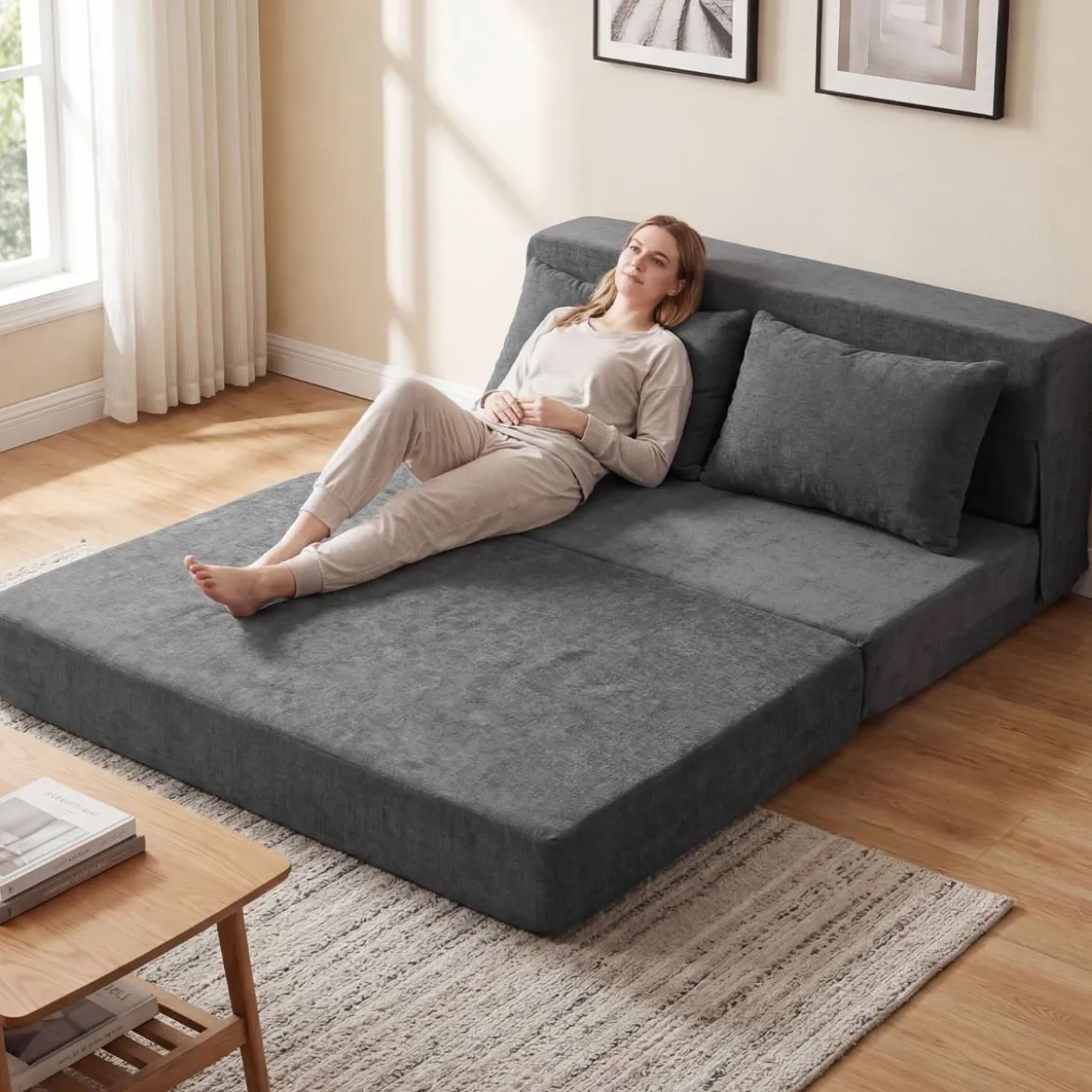 Klappbares Schlafsofa 3 In 1 Chenille 2 Kissen für Wohnzimmer Schlafzimmer Home Office Grau