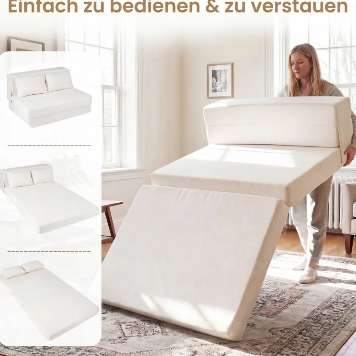 Klappbares Schlafsofa 3 In 1 Chenille 2 Kissen für Wohnzimmer Schlafzimmer Home Office Beige