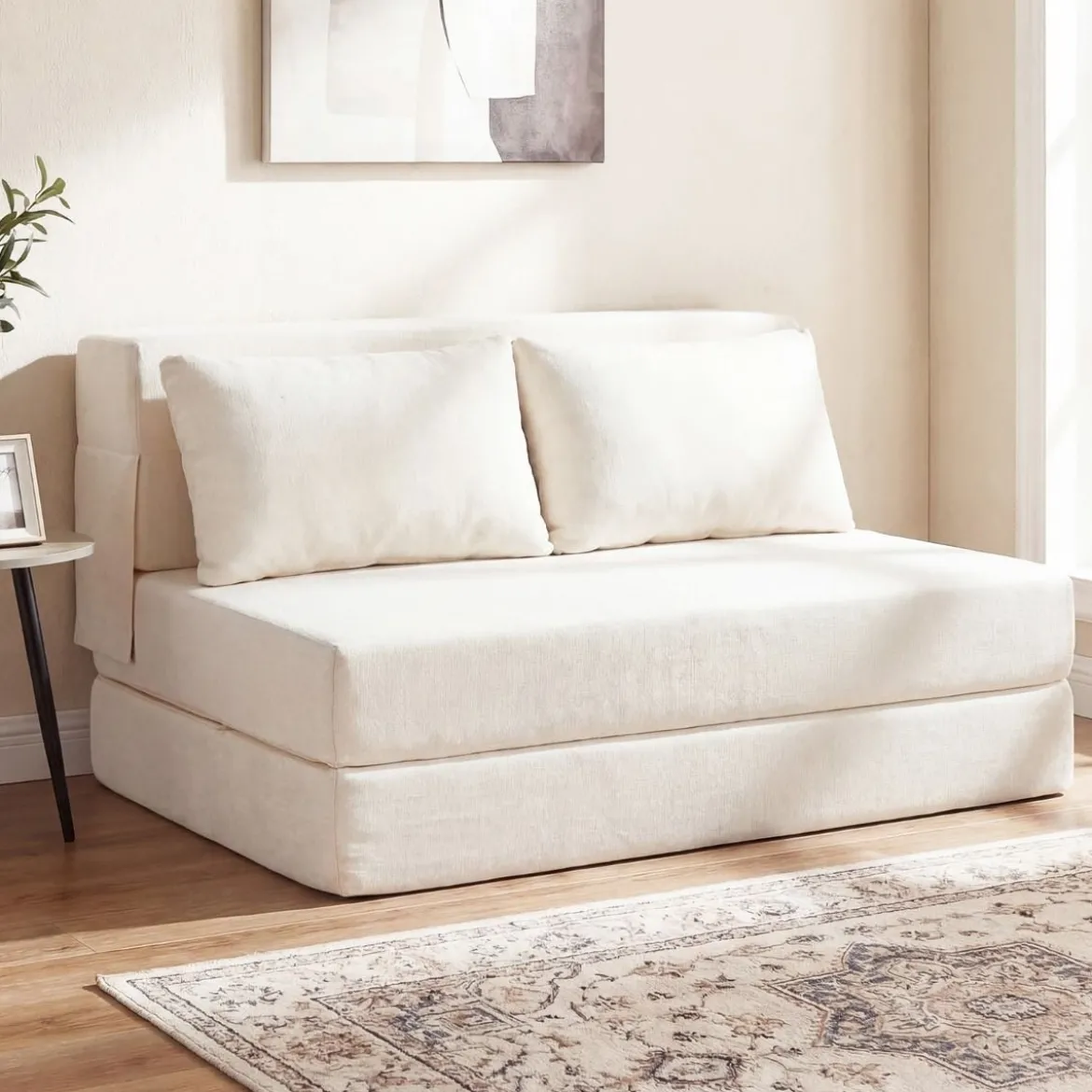 Klappbares Schlafsofa 3 In 1 Chenille 2 Kissen für Wohnzimmer Schlafzimmer Home Office Beige