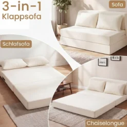 Klappbares Schlafsofa 3 In 1 Chenille 2 Kissen für Wohnzimmer Schlafzimmer Home Office Beige