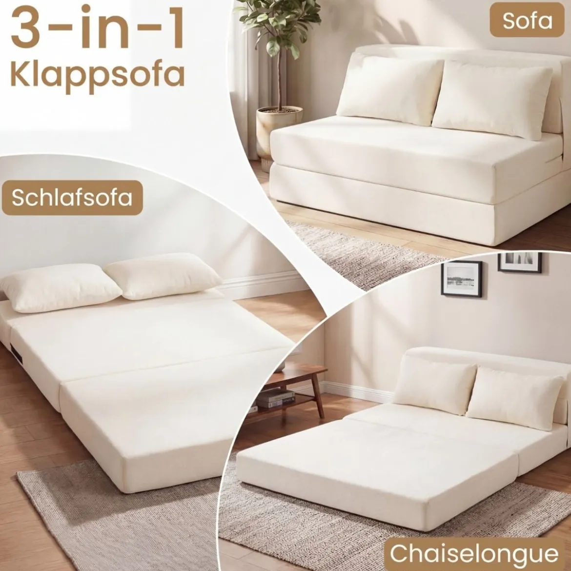 Klappbares Schlafsofa 3 In 1 Chenille 2 Kissen für Wohnzimmer Schlafzimmer Home Office Beige