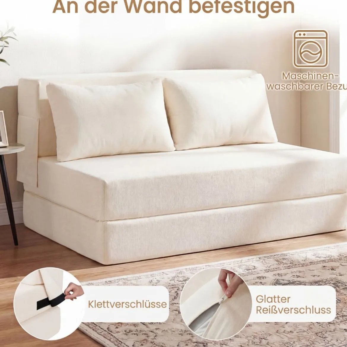 Klappbares Schlafsofa 3 In 1 Chenille 2 Kissen für Wohnzimmer Schlafzimmer Home Office Beige