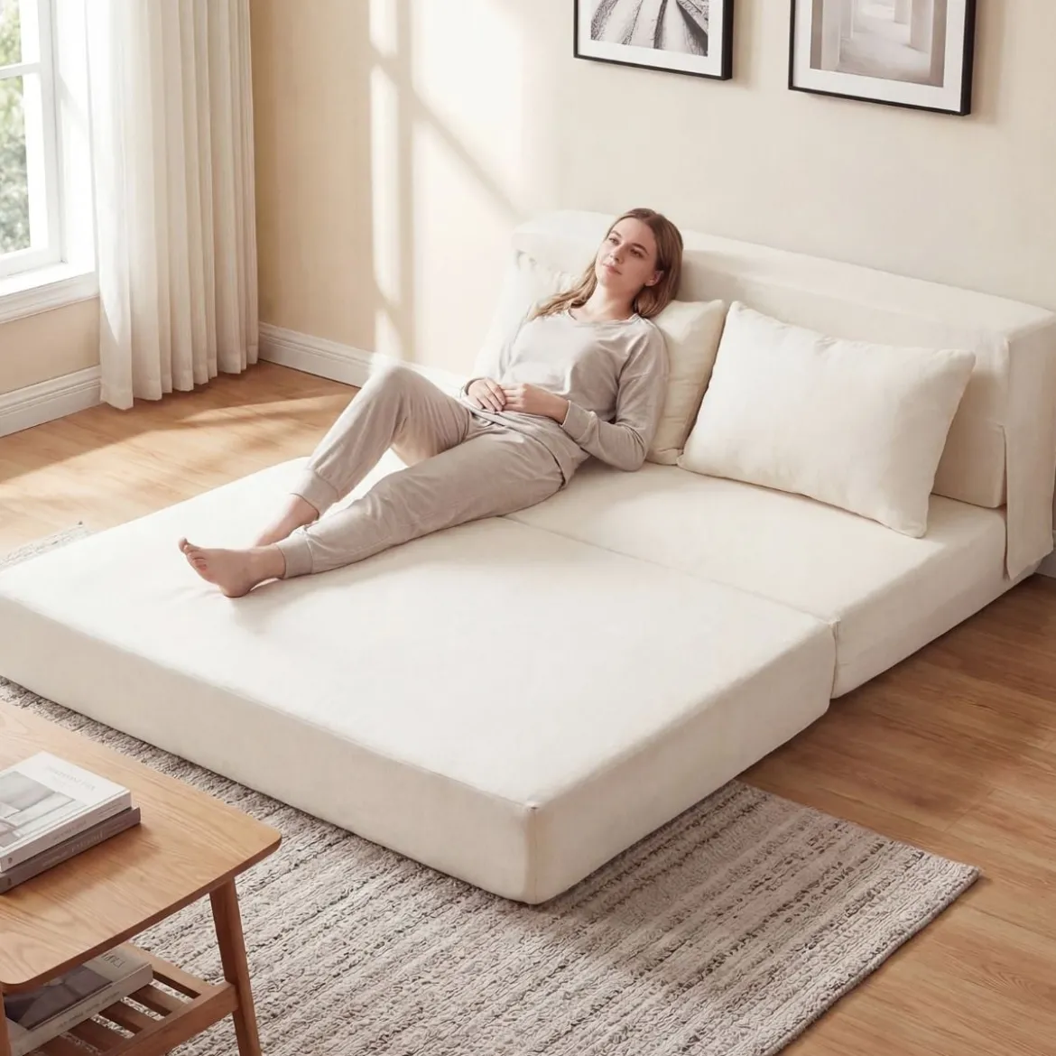 Klappbares Schlafsofa 3 In 1 Chenille 2 Kissen für Wohnzimmer Schlafzimmer Home Office Beige