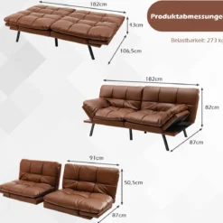 Klappbares Schlafsofa mit Schlaffunktion Schlafcouch mit Verstellbarer Rückenlehne Braun
