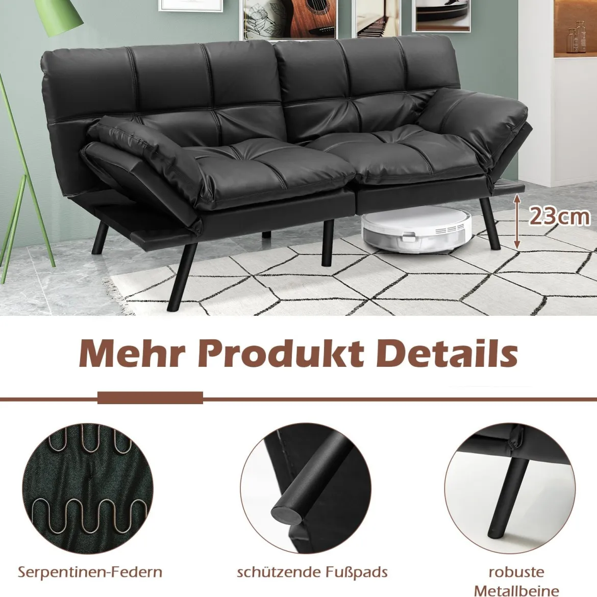 Klappbares Schlafsofa mit Schlaffunktion Schlafcouch mit Verstellbarer Rückenlehne Braun Schwarz