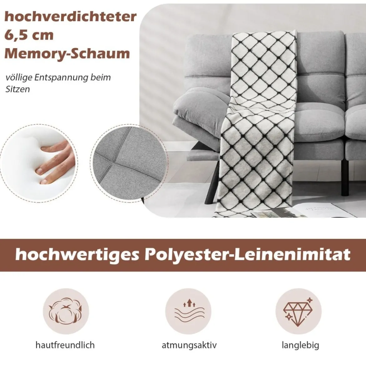 Klappbares Schlafsofa mit Schlaffunktion Schlafcouch mit Verstellbarer Rückenlehne Grau
