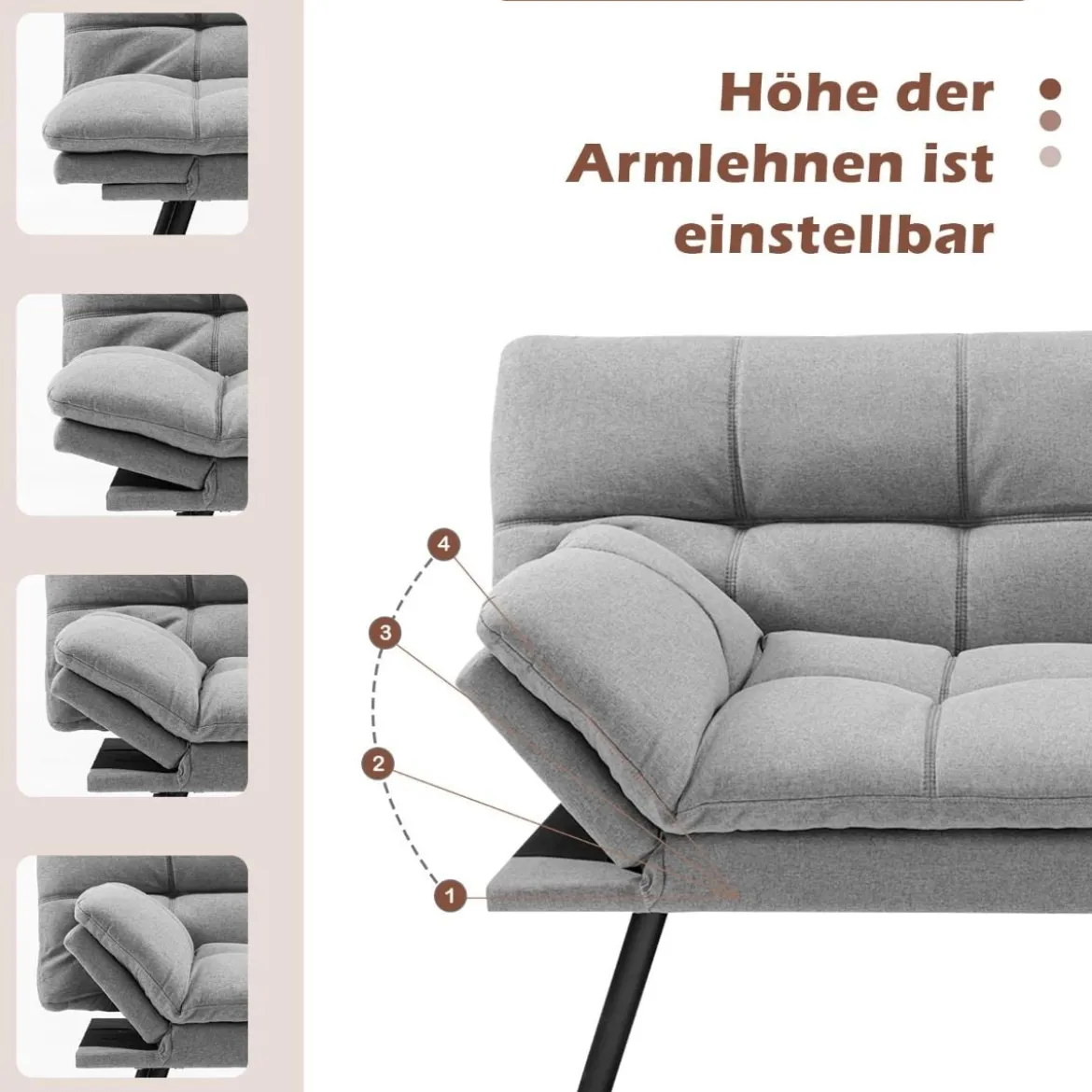 Klappbares Schlafsofa mit Schlaffunktion Schlafcouch mit Verstellbarer Rückenlehne Grau