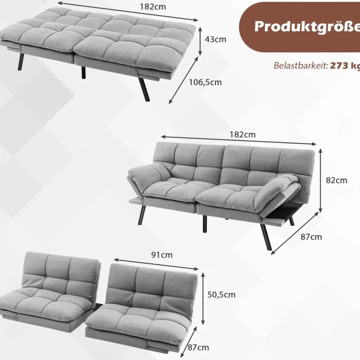 Klappbares Schlafsofa mit Schlaffunktion Schlafcouch mit Verstellbarer Rückenlehne Grau