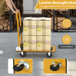 Klappbare Transportwagen bis 150 kg Tragkraft Plattformwagen mit 360° Lenkrollen & Handgriff Orange
