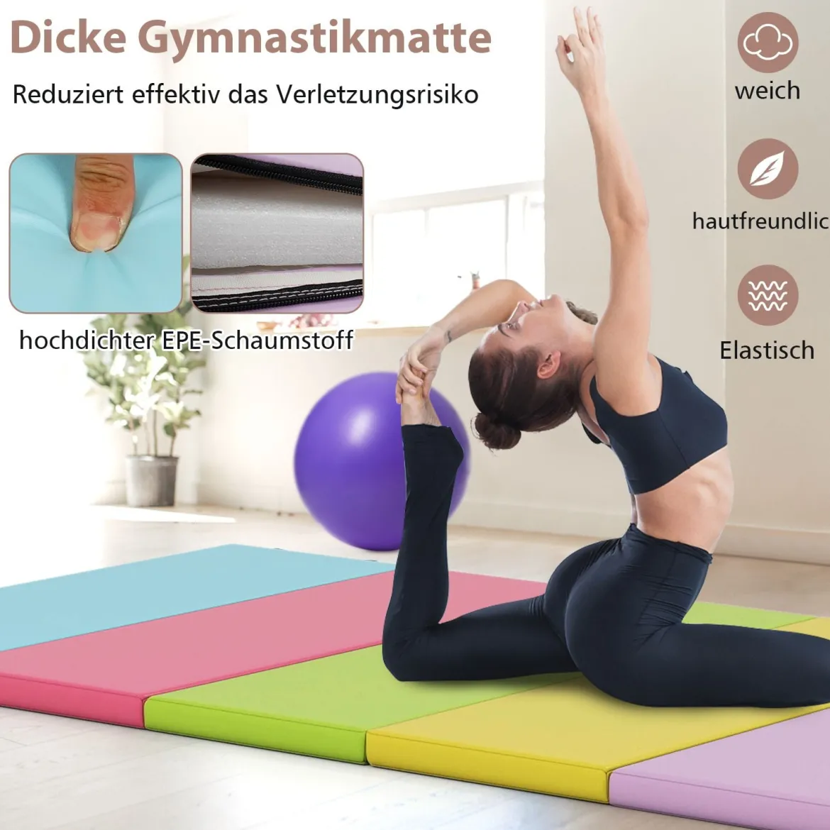 Klappbare Turnmatte aus PU mit Tragegriff Weichbodenmatte Gymnastikmatte Sportmatte Macaron