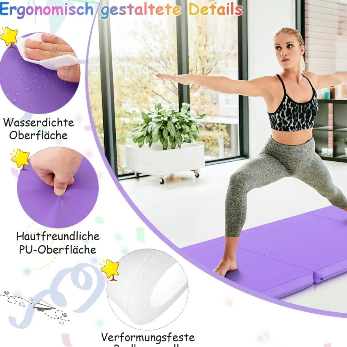 Klappbare Weichbodenmatte mit 2 Griffen Rutschfeste Gymnastikmatte 180 x 60 x 5 cm