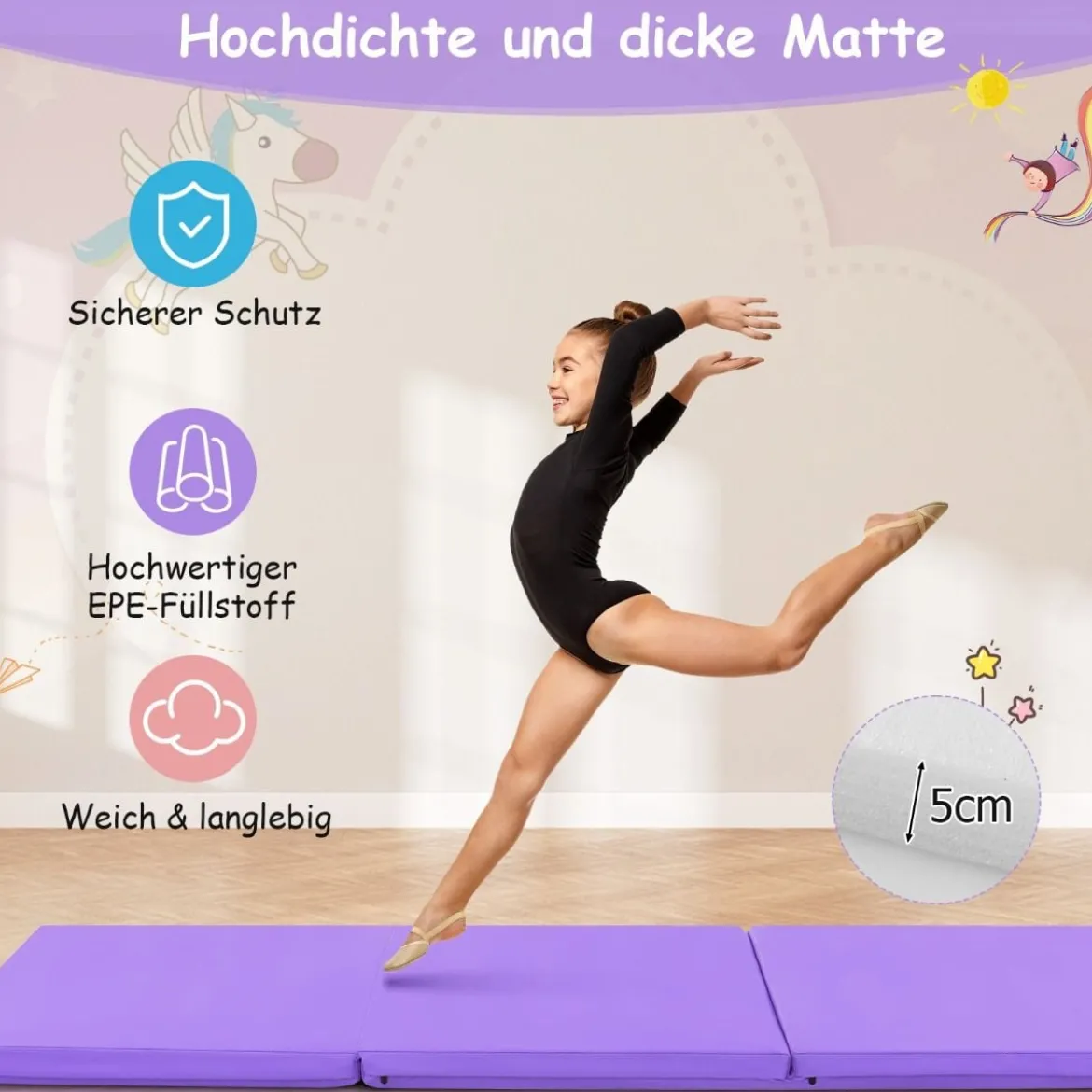 Klappbare Weichbodenmatte mit 2 Griffen Rutschfeste Gymnastikmatte 180 x 60 x 5 cm
