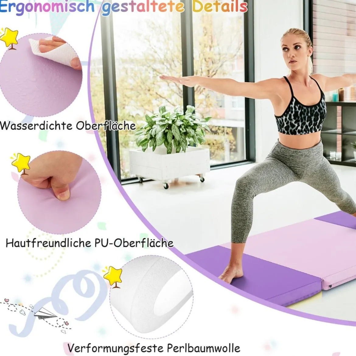 Klappbare Weichbodenmatte mit 2 Griffen Rutschfeste Gymnastikmatte 180 x 60 x 5 cm