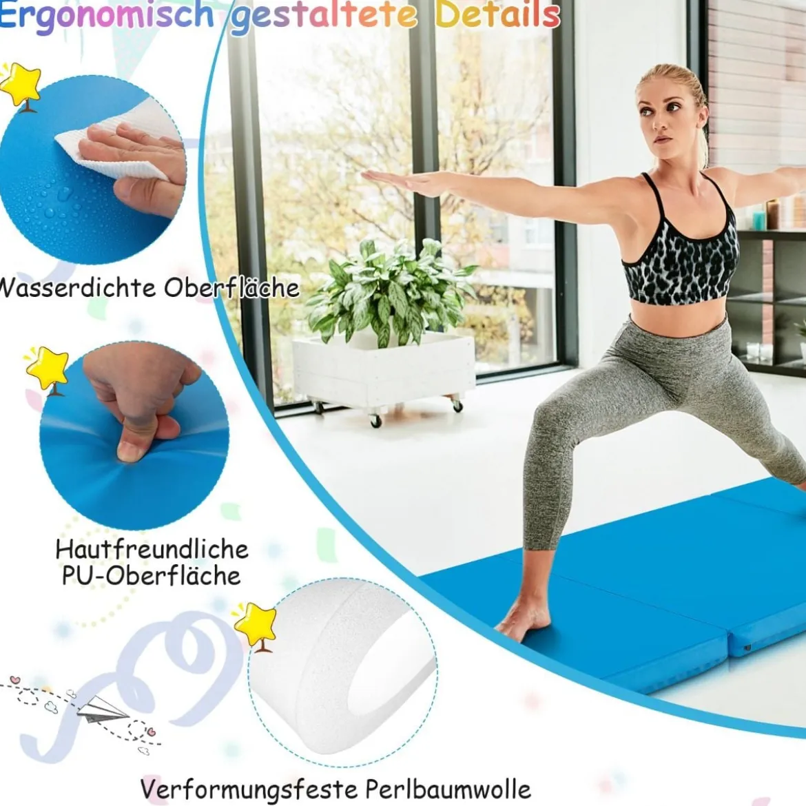 Klappbare Weichbodenmatte mit 2 Griffen Rutschfeste Gymnastikmatte 180 x 60 x 5 cm