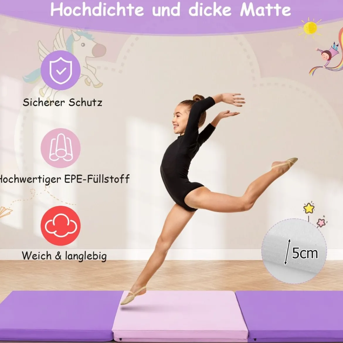 Klappbare Weichbodenmatte mit 2 Griffen Rutschfeste Gymnastikmatte 180 x 60 x 5 cm