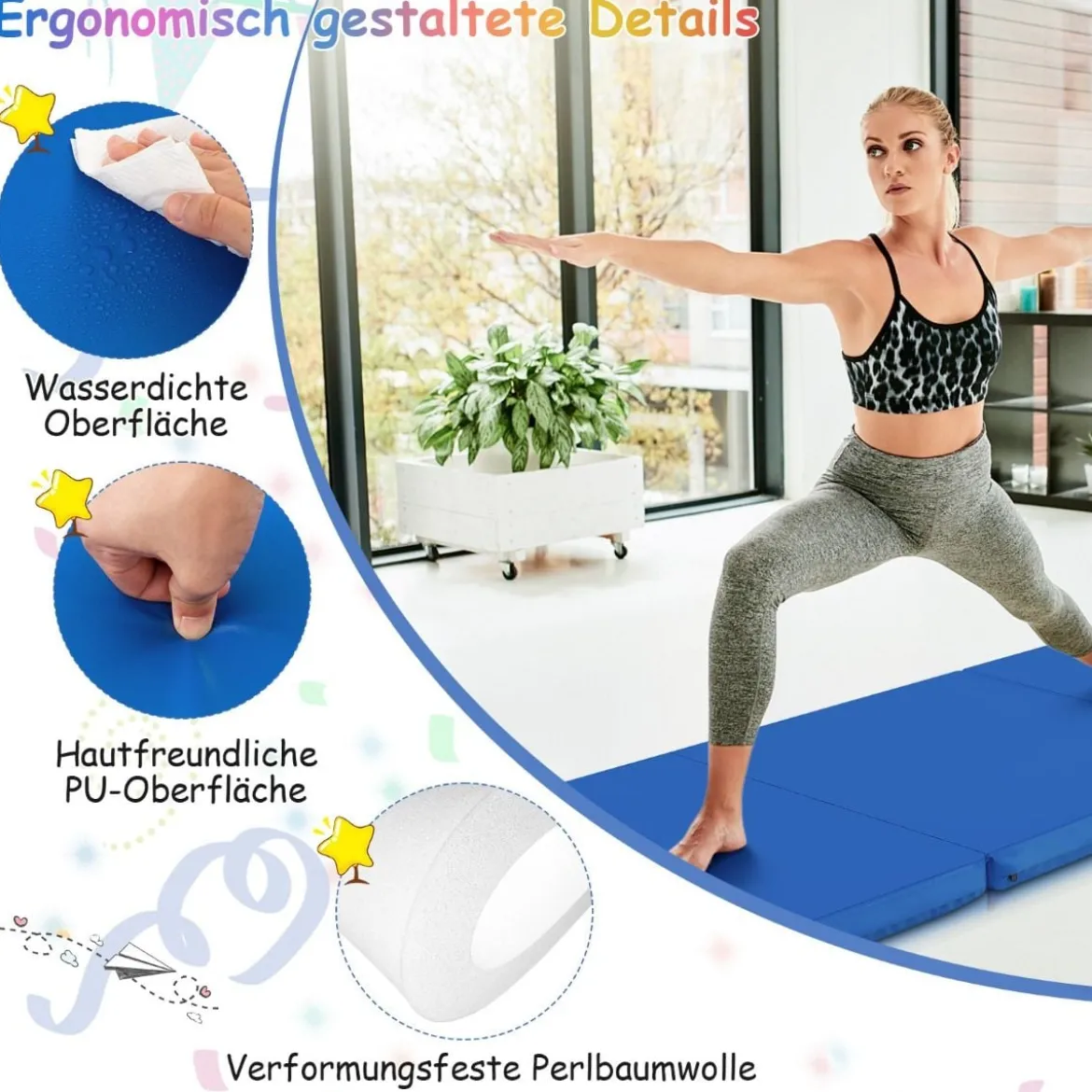 Klappbare Weichbodenmatte mit 2 Griffen Rutschfeste Gymnastikmatte 180 x 60 x 5 cm