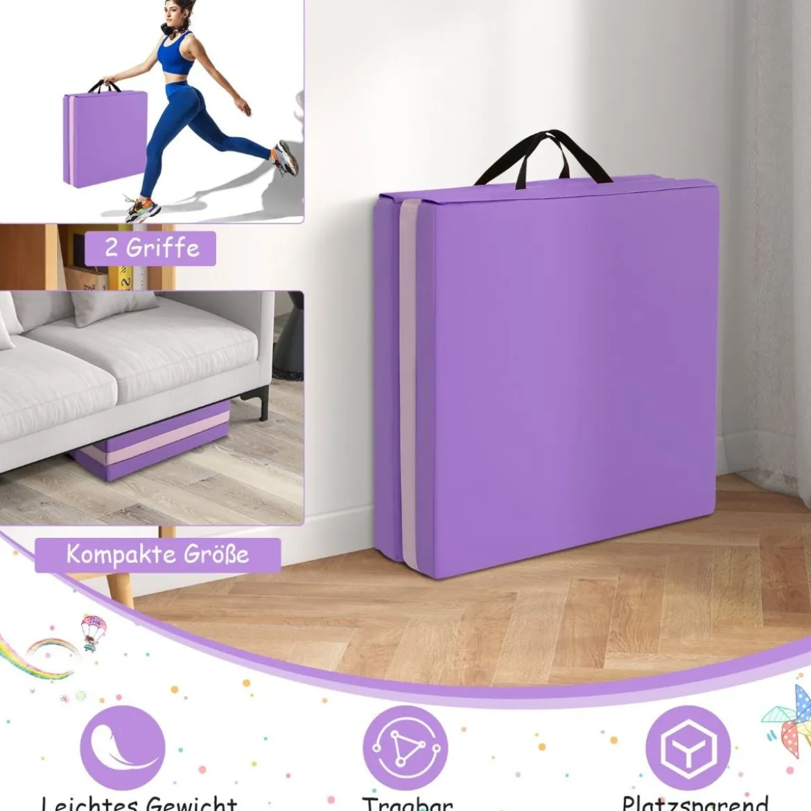 Klappbare Weichbodenmatte mit 2 Griffen Rutschfeste Gymnastikmatte 180 x 60 x 5 cm