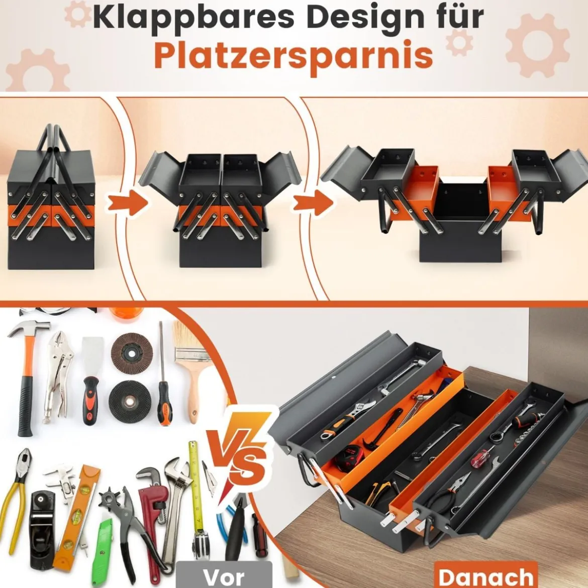 Klappbare Werkzeugkasten aus Metall mit 5 Fächern & Vorhängeschloss auf 3 Ebenen Werkzeugkoffer