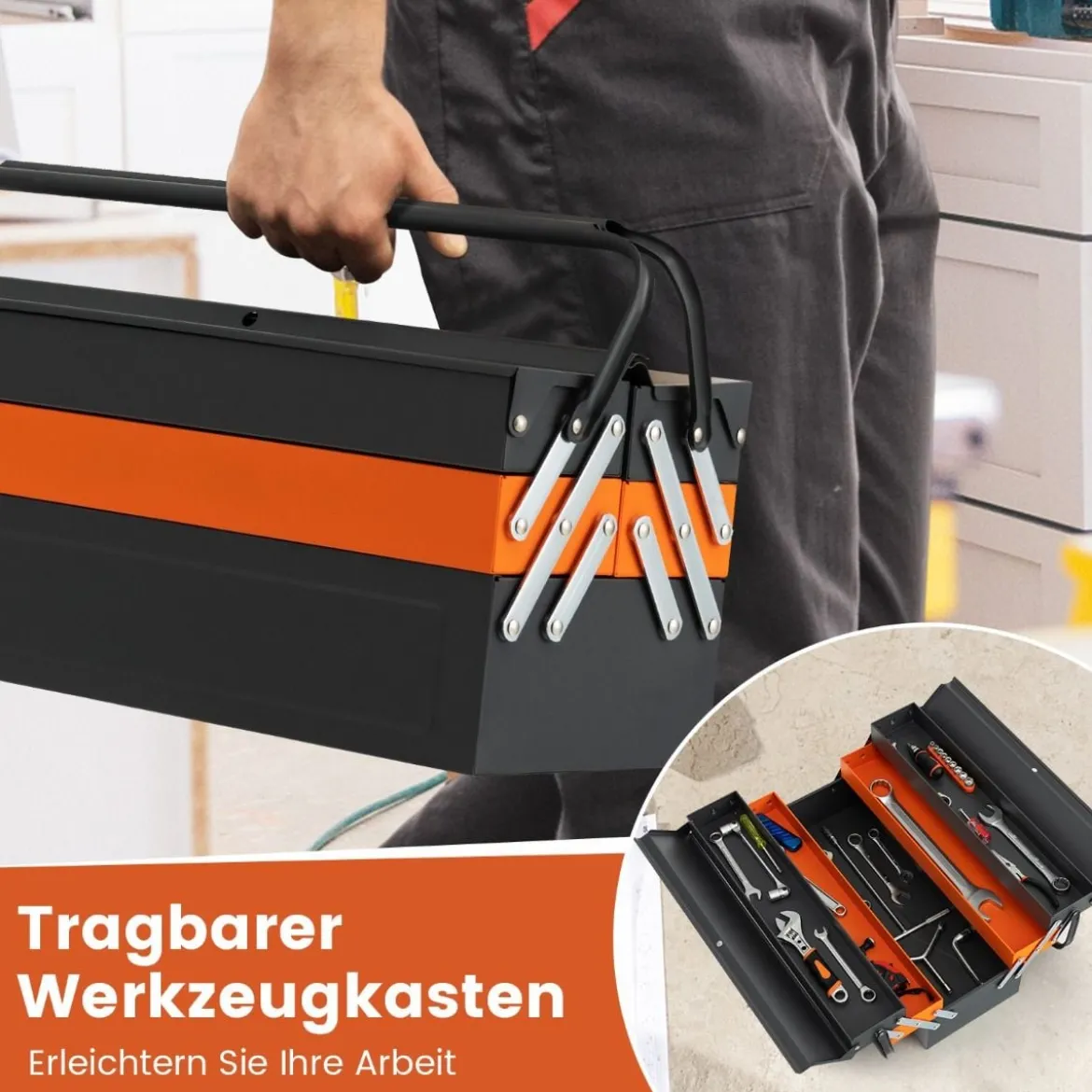 Klappbare Werkzeugkasten aus Metall mit 5 Fächern & Vorhängeschloss auf 3 Ebenen Werkzeugkoffer