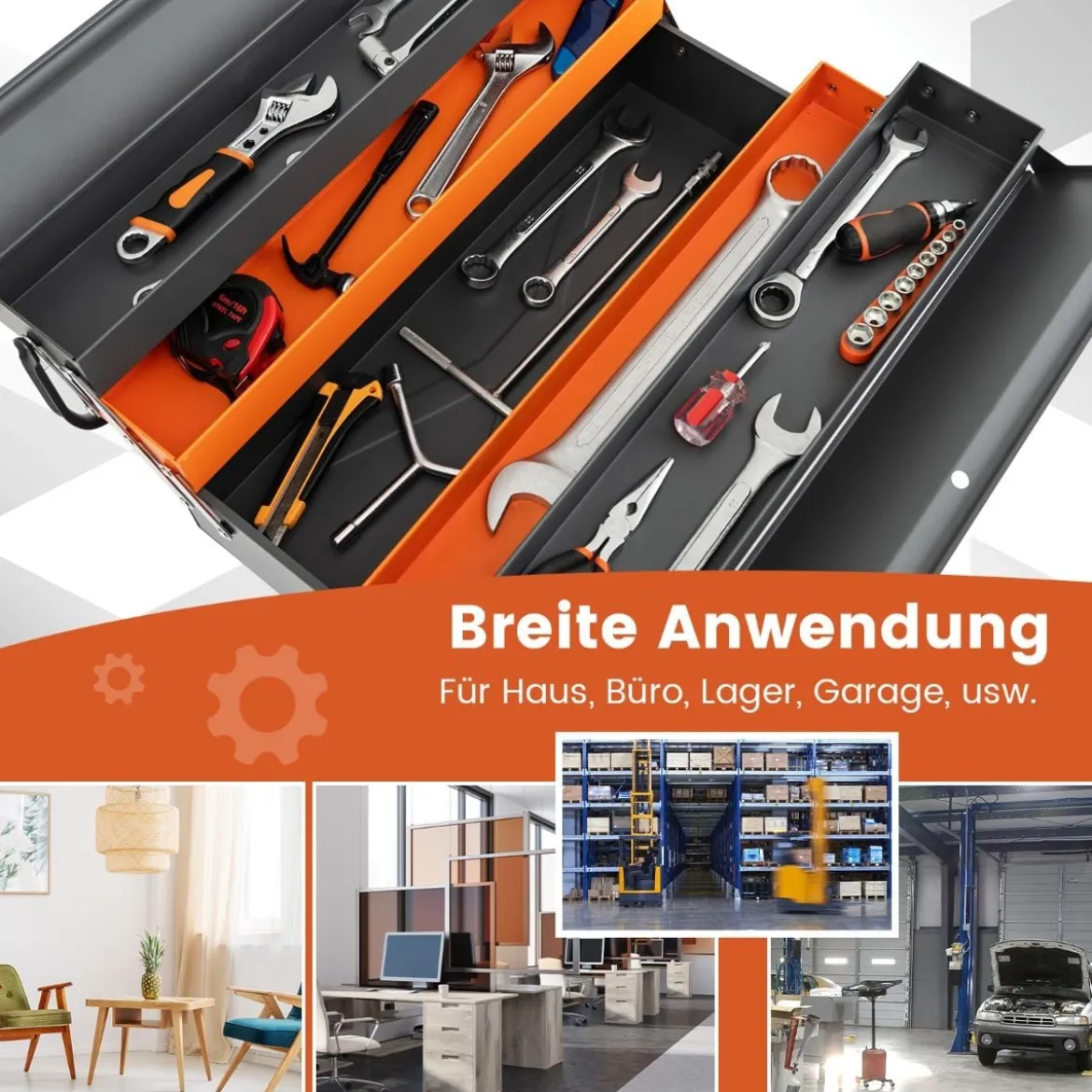 Klappbare Werkzeugkasten aus Metall mit 5 Fächern & Vorhängeschloss auf 3 Ebenen Werkzeugkoffer
