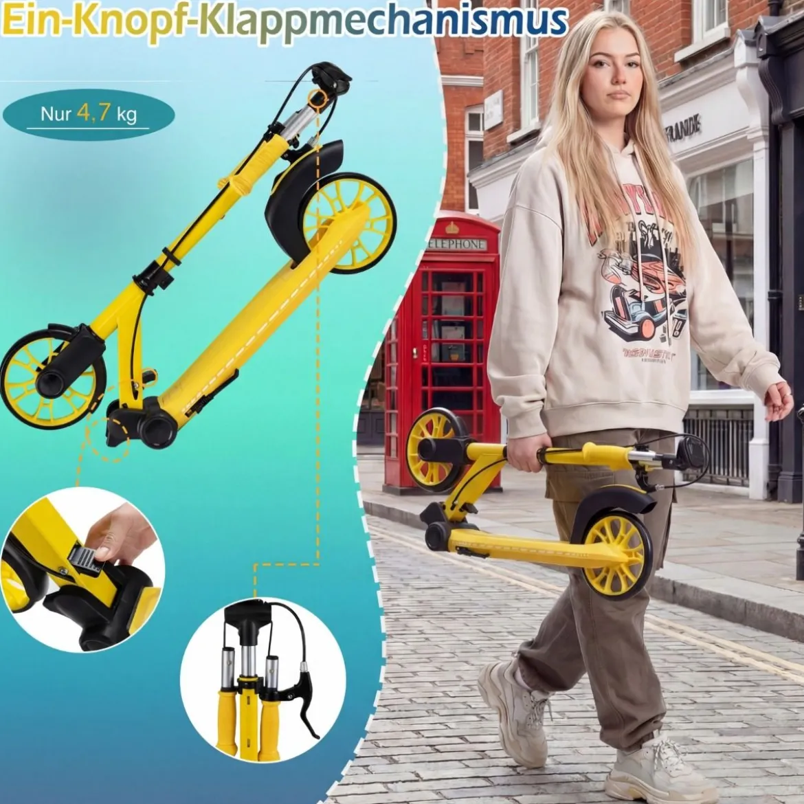 Klappbar Roller Scooter mit 2 Leuchtenden Rädern & Ständer Höhenverstellbar Tretroller Gelb