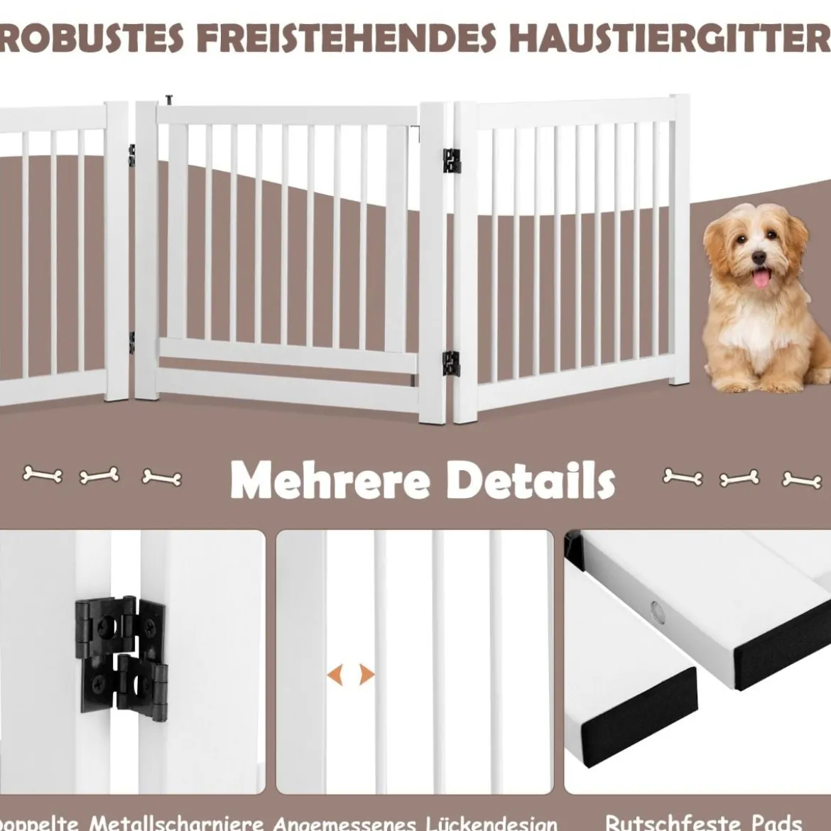 klappbar 3-teiliges Absperrgitter Hunde mit Tor aus Kiefernholz für Türen / Treppen 61cm hoch Weiß