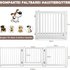 klappbar 3-teiliges Absperrgitter Hunde mit Tor aus Kiefernholz für Türen / Treppen 61cm hoch Weiß