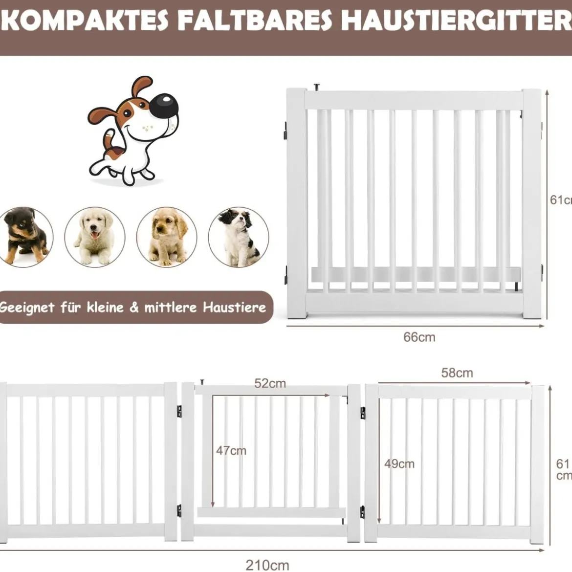 klappbar 3-teiliges Absperrgitter Hunde mit Tor aus Kiefernholz für Türen / Treppen 61cm hoch Weiß