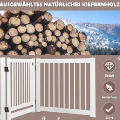 klappbar 3-teiliges Absperrgitter Hunde mit Tor aus Kiefernholz für Türen / Treppen 61cm hoch Weiß