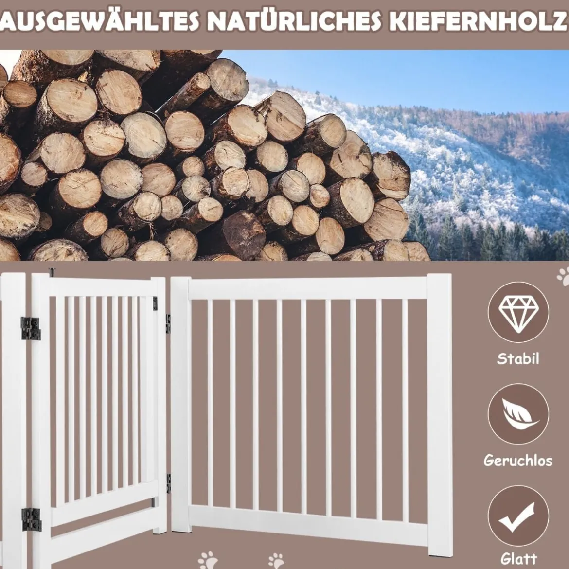 klappbar 3-teiliges Absperrgitter Hunde mit Tor aus Kiefernholz für Türen / Treppen 61cm hoch Weiß