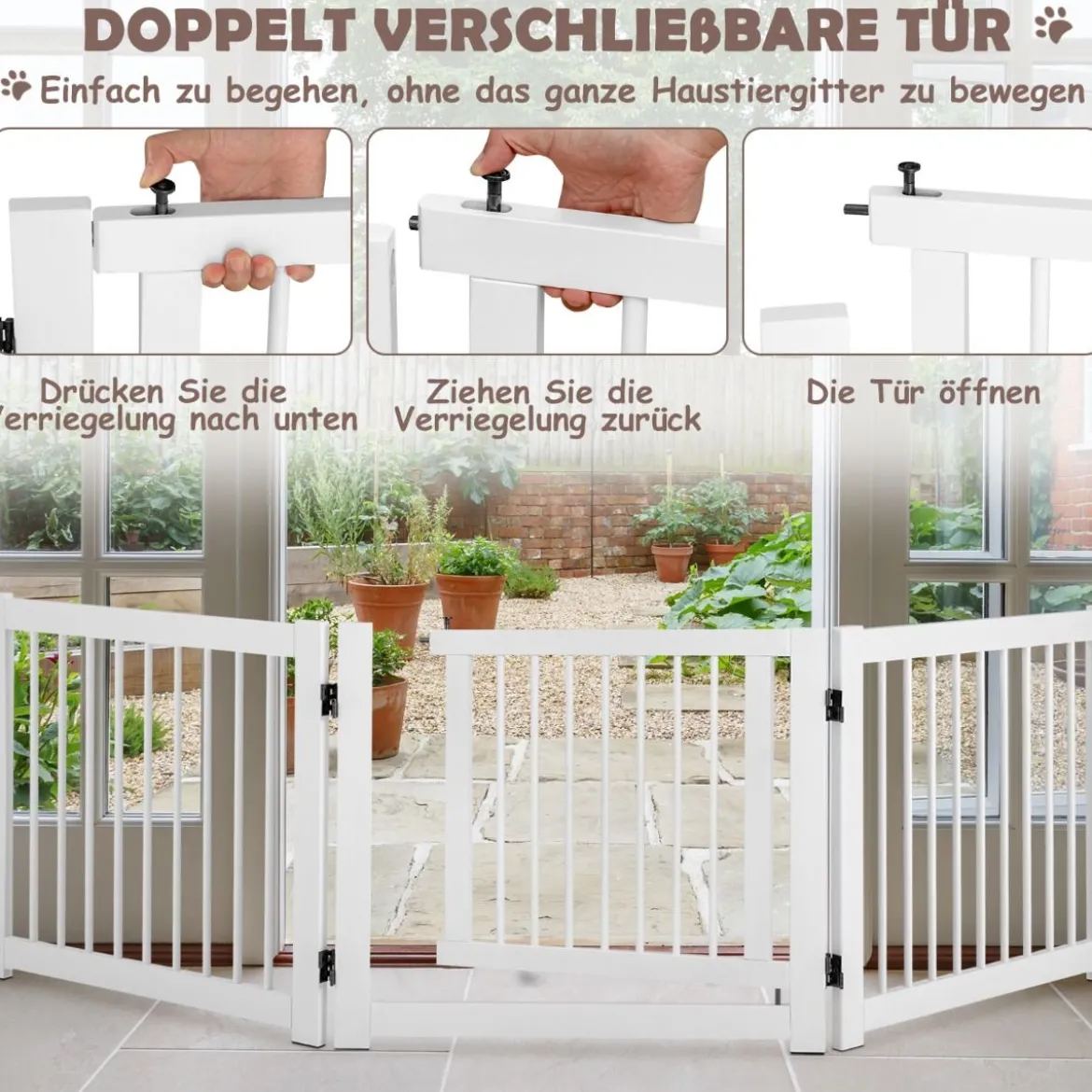 klappbar 3-teiliges Absperrgitter Hunde mit Tor aus Kiefernholz für Türen / Treppen 61cm hoch Weiß