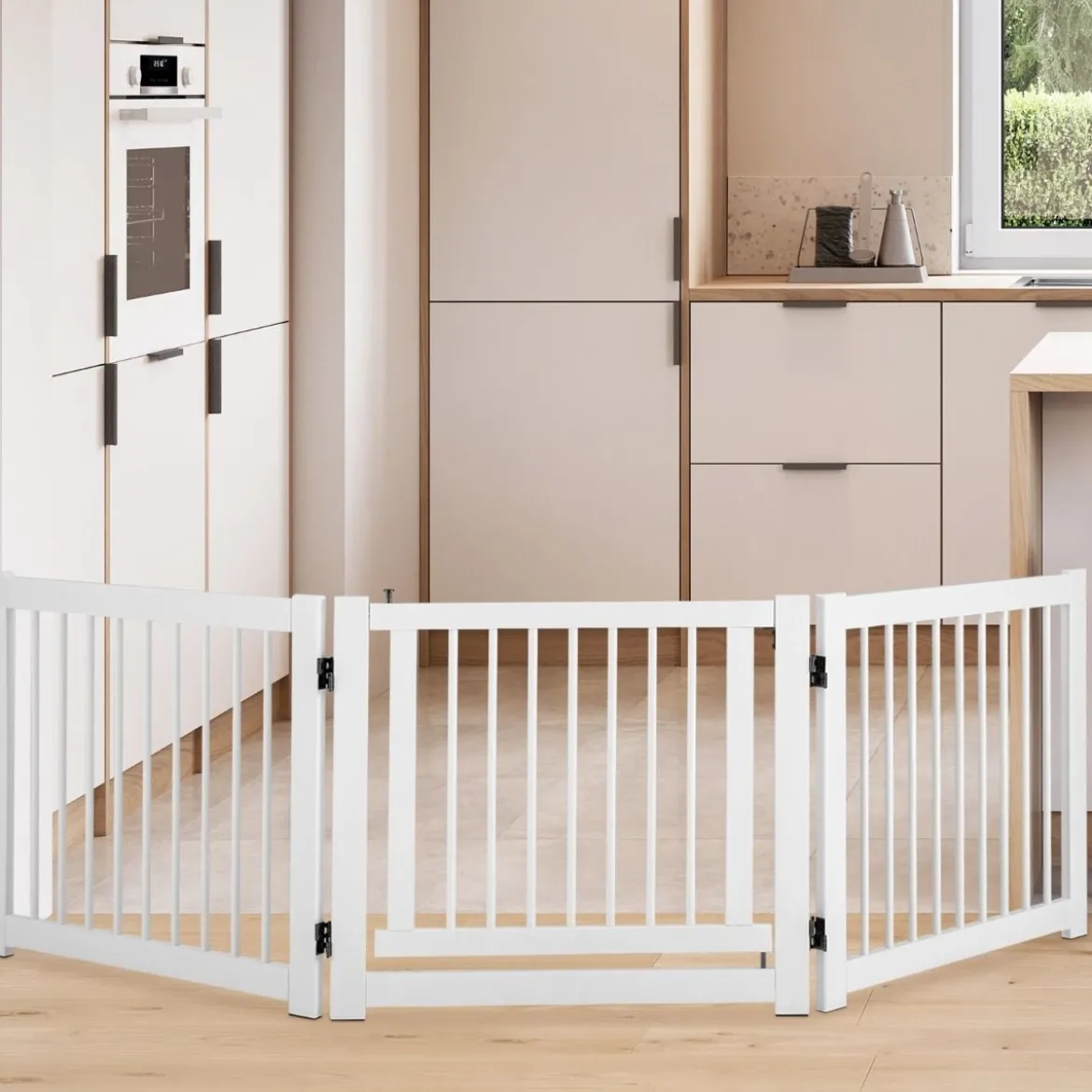 klappbar 3-teiliges Absperrgitter Hunde mit Tor aus Kiefernholz für Türen / Treppen 61cm hoch Weiß