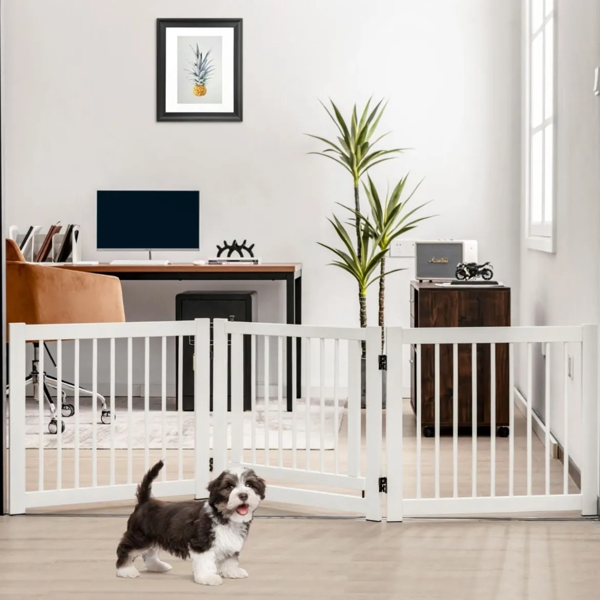 klappbar 3-teiliges Absperrgitter Hunde mit Tor aus Kiefernholz für Türen / Treppen 61cm hoch Weiß