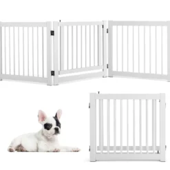 klappbar 3-teiliges Absperrgitter Hunde mit Tor aus Kiefernholz für Türen / Treppen 61cm hoch Weiß