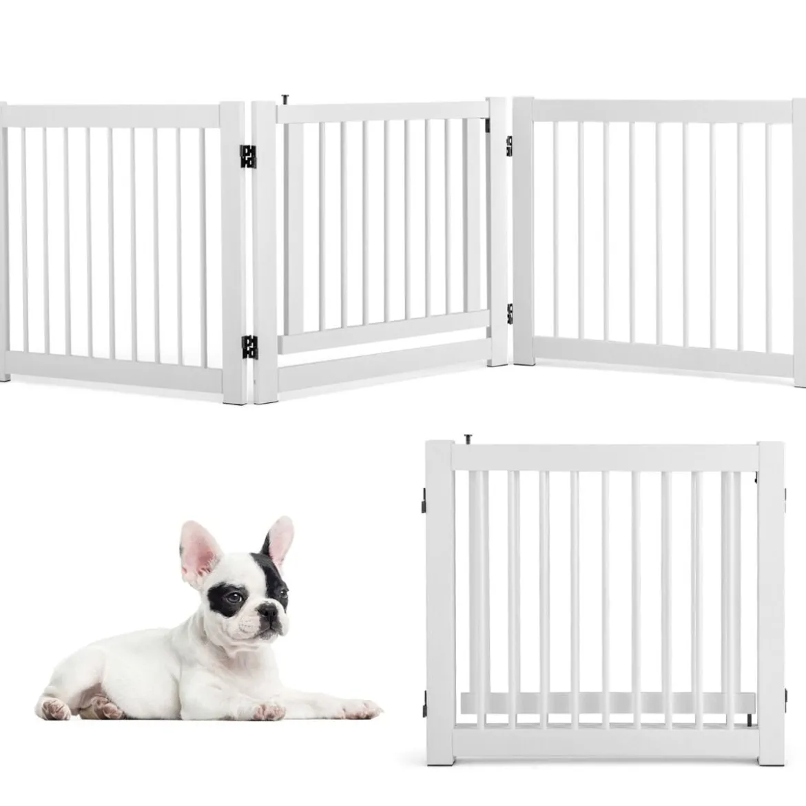 klappbar 3-teiliges Absperrgitter Hunde mit Tor aus Kiefernholz für Türen / Treppen 61cm hoch Weiß