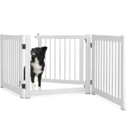 klappbar 3-teiliges Absperrgitter Hunde mit Tor aus Kiefernholz für Türen / Treppen 61cm hoch Weiß